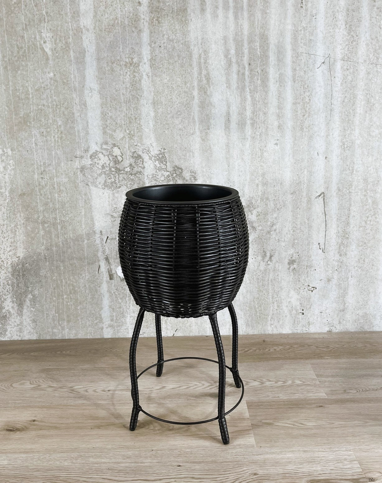 BOBOLI 3 Piece Set Round Poly Rattan Wicker Planter Pot Set - Black