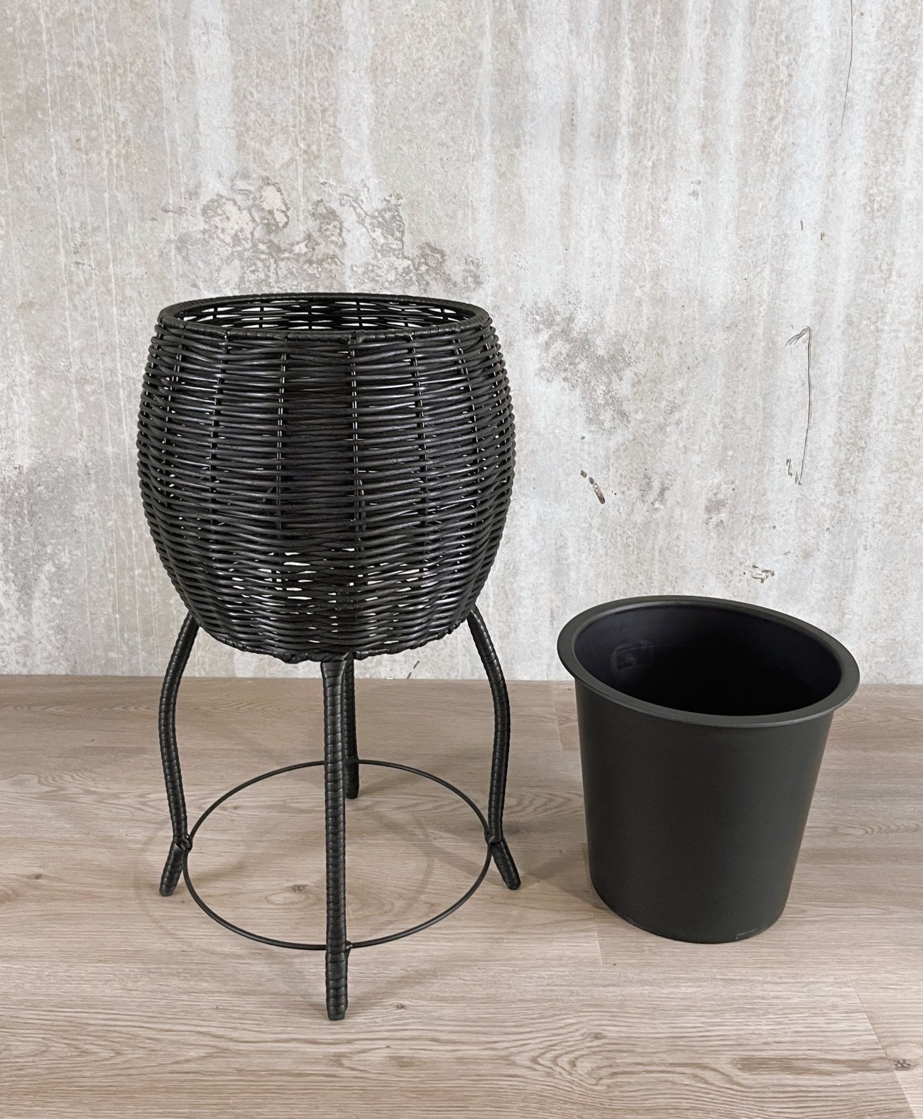 BOBOLI 3 Piece Set Round Poly Rattan Wicker Planter Pot Set - Black
