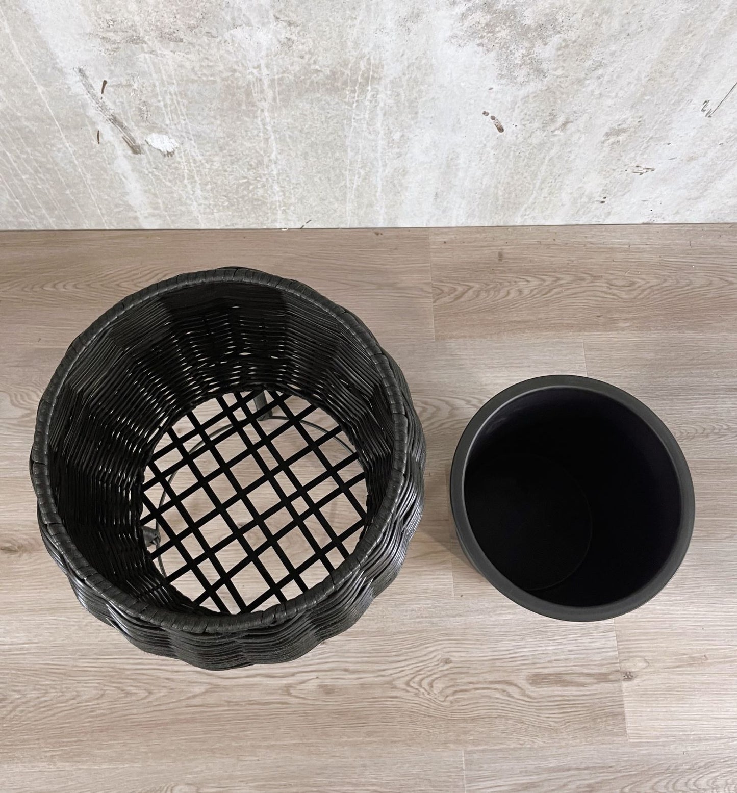 BOBOLI 3 Piece Set Round Poly Rattan Wicker Planter Pot Set - Black