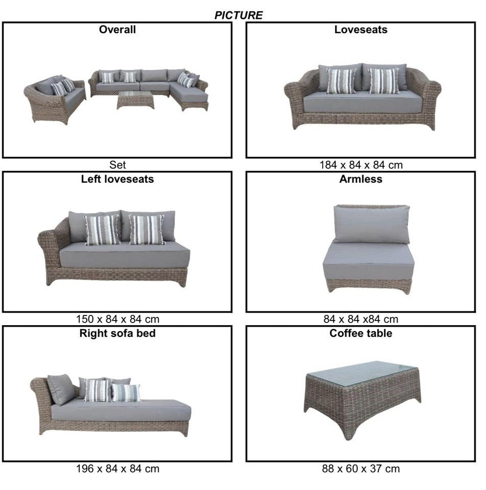RYE | 6 Seat Poly Rattan Wicker Outdoor Lounge Chaise | Grey