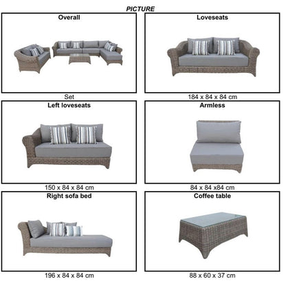 RYE | 6 Seat Poly Rattan Wicker Outdoor Lounge Chaise | Grey