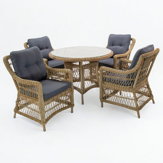 AMOIR | 4 Seater Poly Rattan Wicker Outdoor Dining Set | Natural