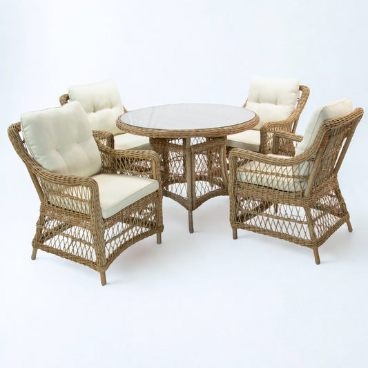 AMOIR | 4 Seater Poly Rattan Wicker Outdoor Dining Set | Natural