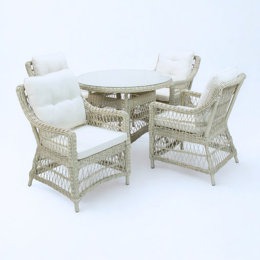 Wicker outdoor furniture set with round table and 4 chairs Brush White , White Grey with Beige White Seat and Back Cushions.