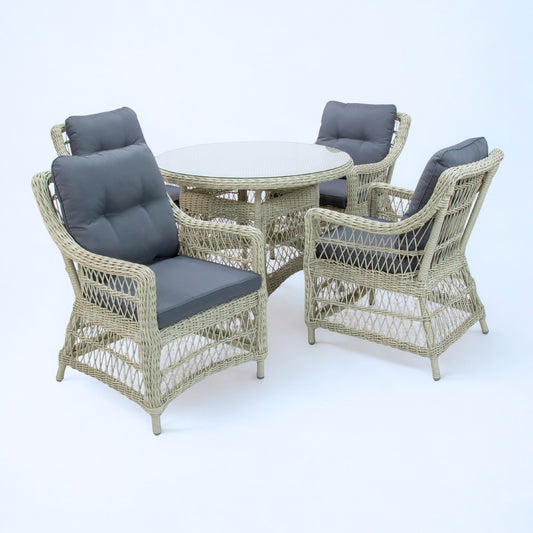 AMOIR | 4 Seater Poly Rattan Wicker Outdoor Dining Set | Brushed White