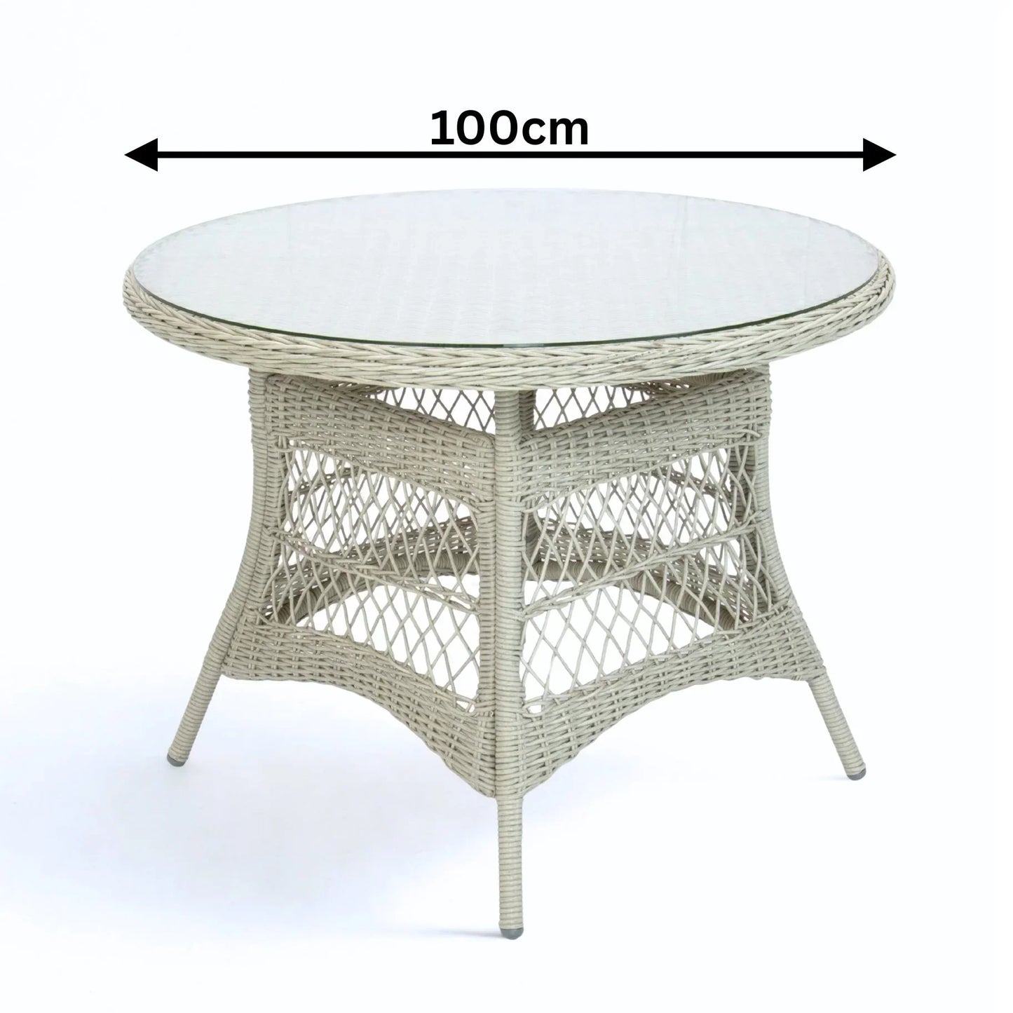 Outdoor Round wicker table with a glass top, dimensions indicated as 100cm