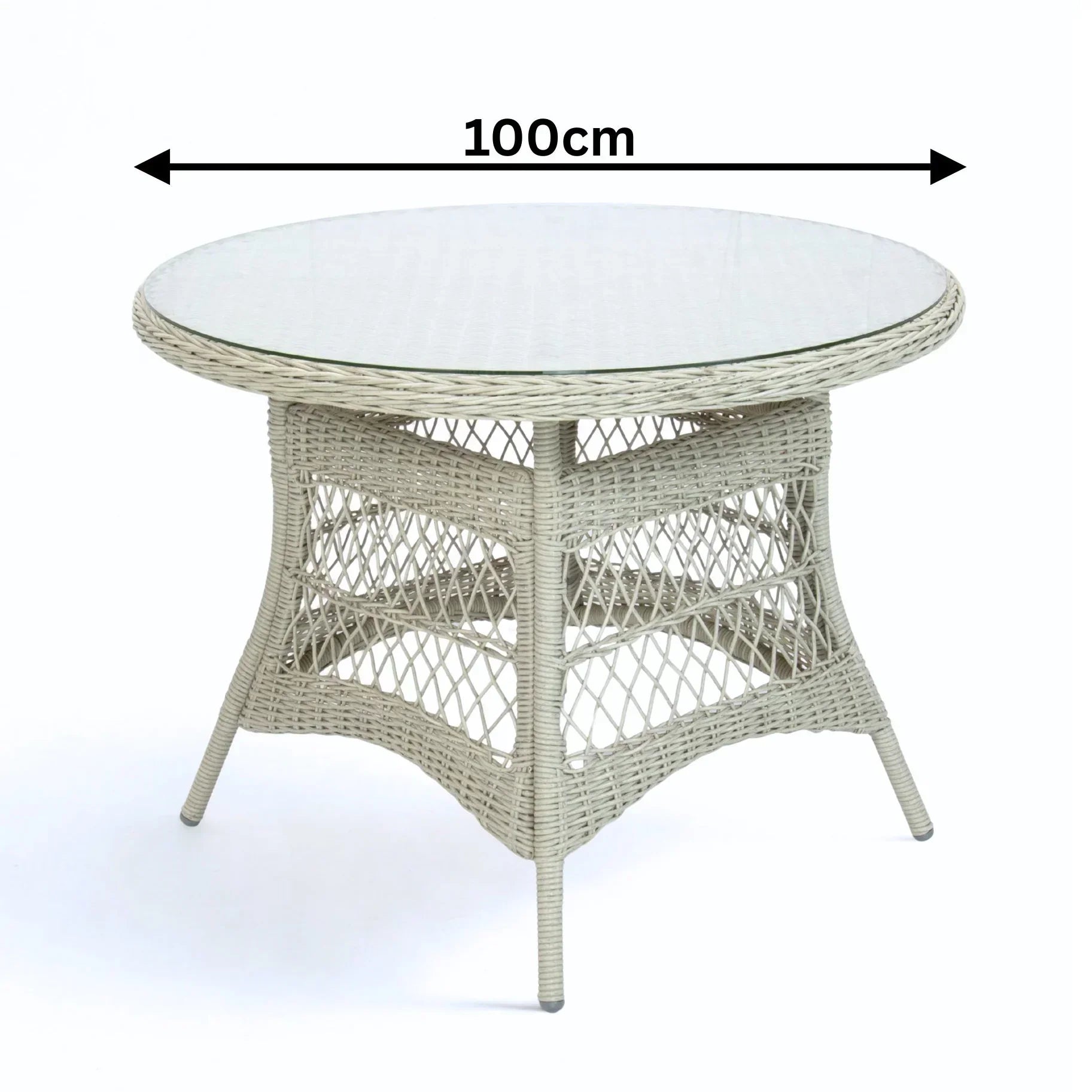 Outdoor Round wicker table with a glass top, dimensions indicated as 100cm