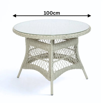 Outdoor Round wicker table with a glass top, dimensions indicated as 100cm