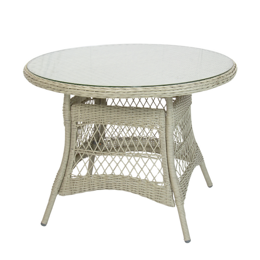 Round wicker dining table hampton brush white with glass top for 4 seater 