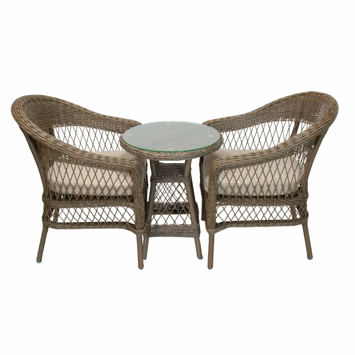A 3-piece outdoor wicker furniture set featuring two armchairs with cream cushions and a small round side table with a gray stone-look top, isolated on a white background.