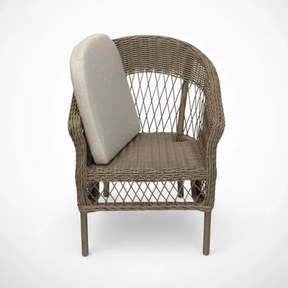 A brown woven wicker patio armchair with a curved backrest and a light beige cushion on the seat and back, shown against a plain white background.