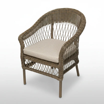 A wicker outdoor armchair with a rounded backrest, woven brown frame, and a light beige seat cushion, shown on a plain white background.