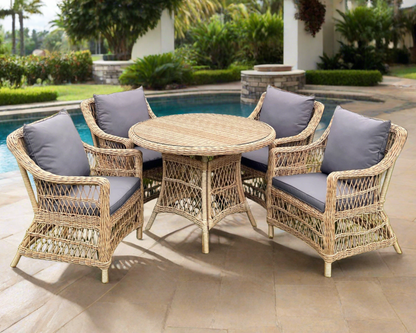 AMOIR 5-Piece Set Outdoor Wicker 4 Seat Dining Table Chair - Light Brown