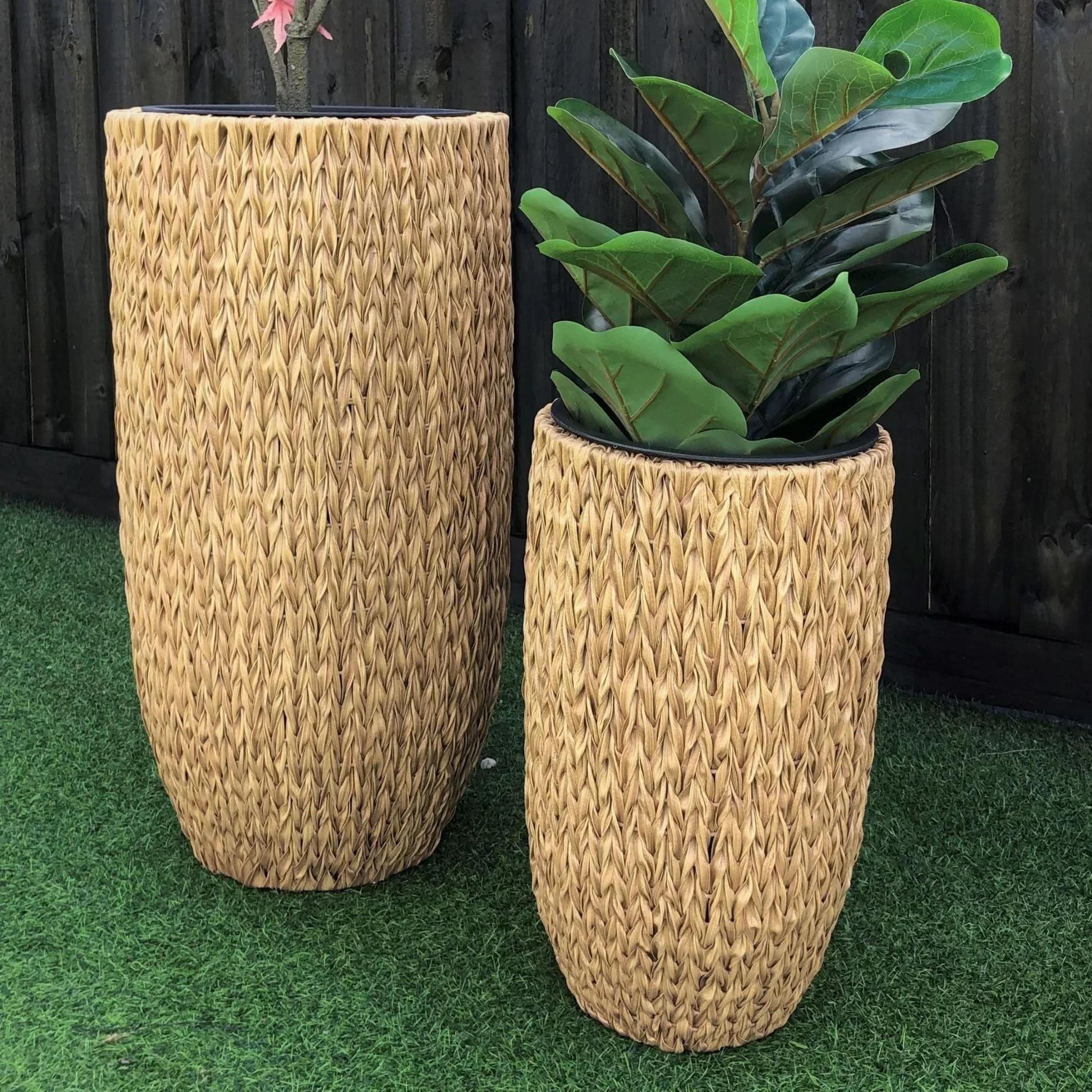 ARBUSTO 2 Piece Set Poly Rattan Wicker Large Planter Pot - Light Brown ...