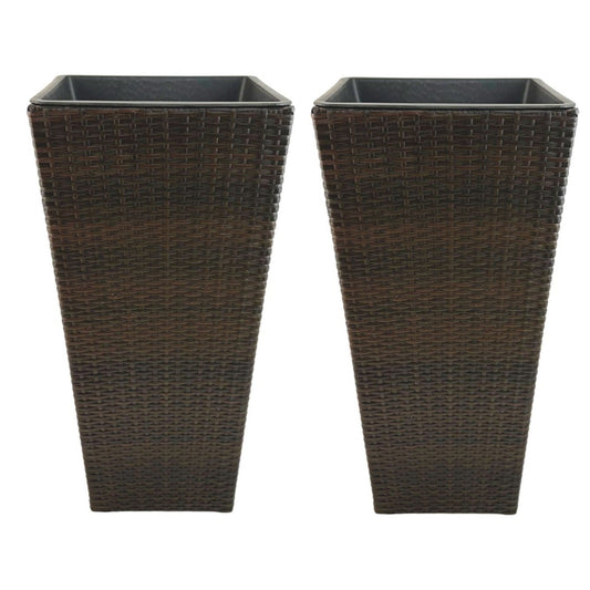 ASWAN 2 Piece Set Poly Rattan Wicker Large Planter Pot - Dark Brown