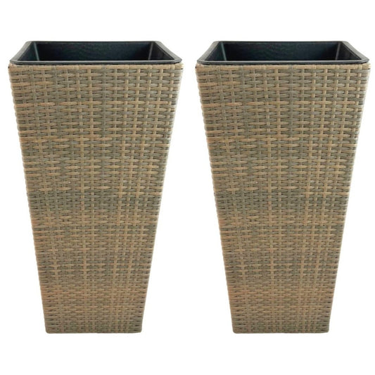 ASWAN 2 Piece Set Poly Rattan Wicker Large Planter Pot - Natural Light Brown
