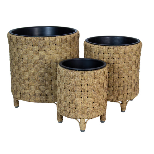 BONEO 3 Piece Set Poly Rattan Wicker Planter Pot - Natural Brown