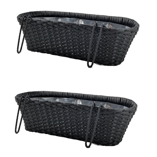 CLAUDE 2 Piece Set Poly Rattan Wicker Hanging Planter Wall Basket - Black - Direct Factory Furniture Australia