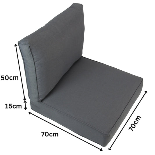 Grey outdoor cushion set with 70cm x 70cm seat and 50cm back, ideal for rattan wicker furniture