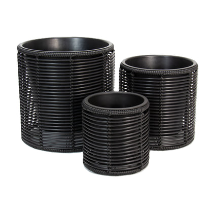 FINGAL 3 Piece Set Poly Rattan Wicker Planter Pot - Black
