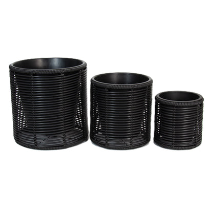 FINGAL 3 Piece Set Poly Rattan Wicker Planter Pot - Black
