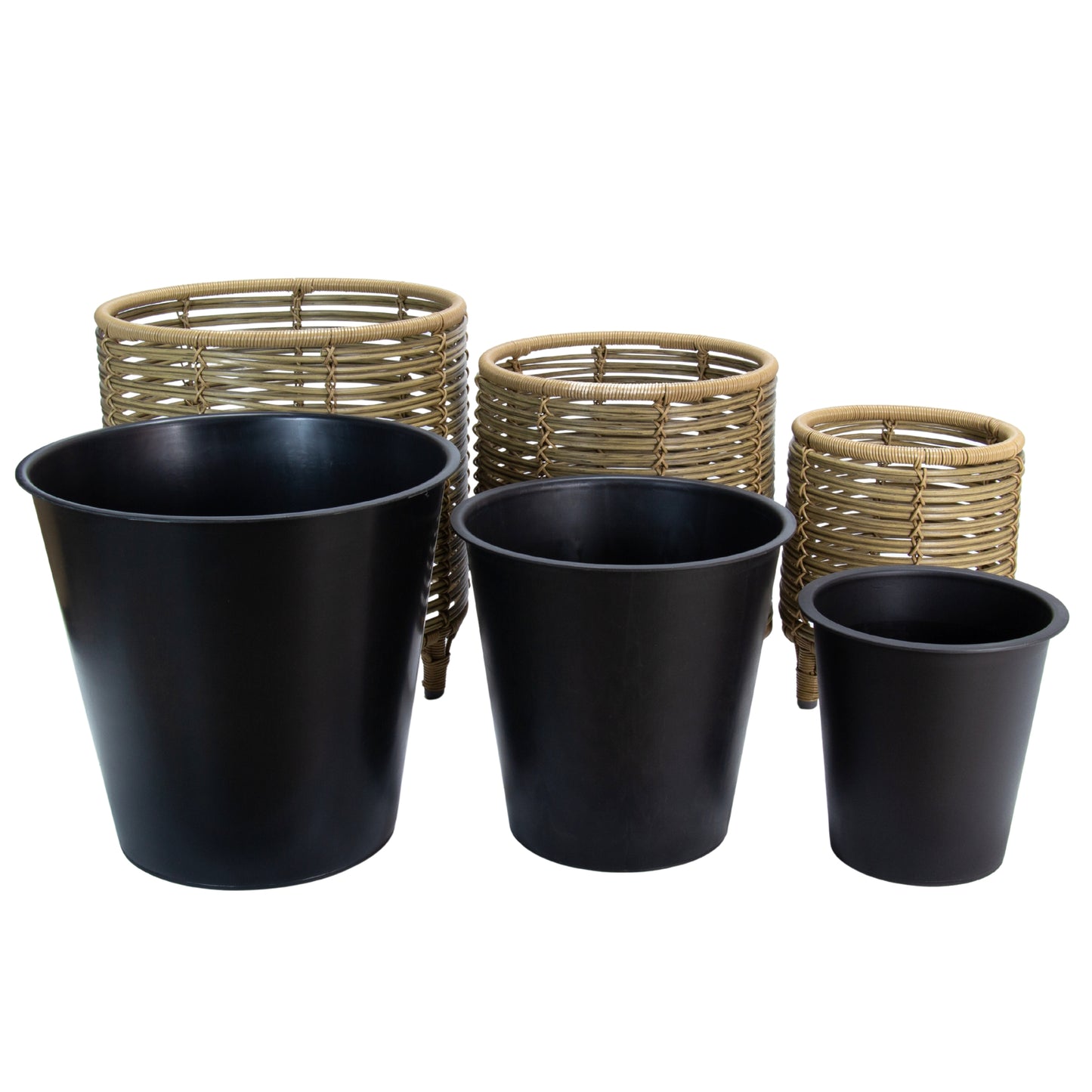 FINGAL 3 Piece Set Poly Rattan Wicker Planter Pot - Natural Brown