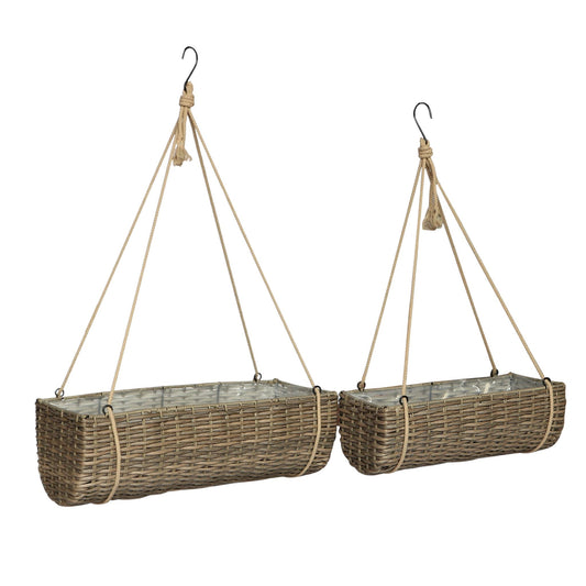 HAYA 2 Piece Set Poly Rattan Wicker Hanging Planter Basket - Brown - Direct Factory Furniture Australia