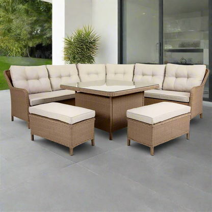 KEW | 8 Seat Poly Rattan Wicker Outdoor Lounge | Natural Brown