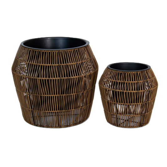 LEO 2 Piece Set Poly Rattan Wicker Planter Pot - Dark Brown