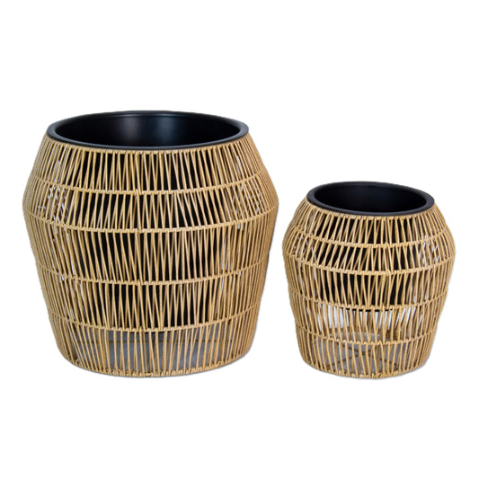 LEO 2 Piece Set Poly Rattan Wicker Planter Pot - Light Brown