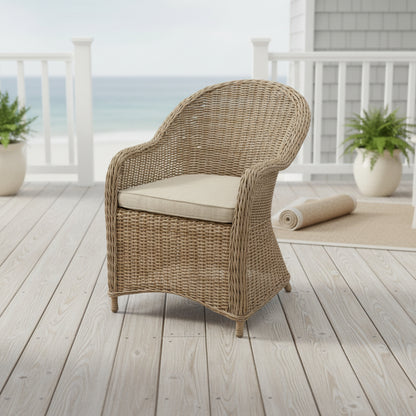Outdoor Wicker Dining chair in natural colour with a beige cushion Hampton style