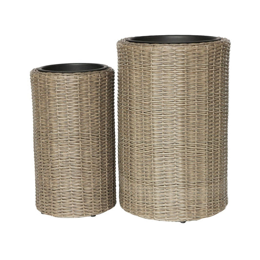 OLMO 2 Piece Set Poly Rattan Wicker Large Planter Pot - Brown - Direct Factory Furniture Australia