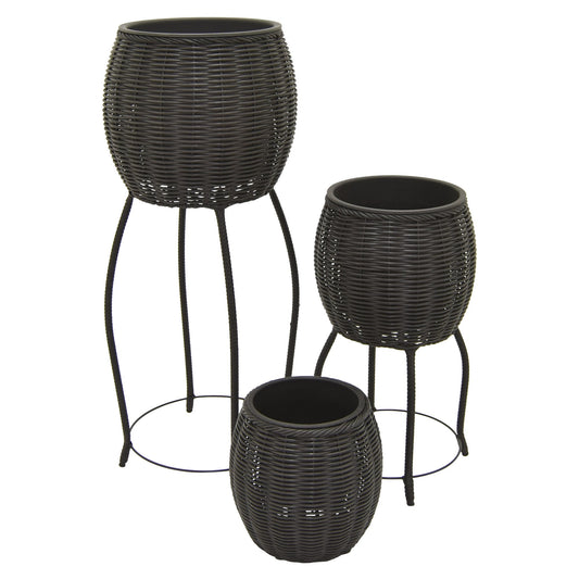 BOBOLI 3 Piece Set Round Poly Rattan Wicker Planter Pot Set - Black