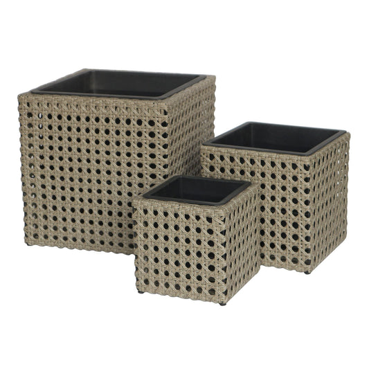 PINO 3 Piece Set Poly Rattan Wicker Large Planter Pot - Brown - Direct Factory Furniture Australia