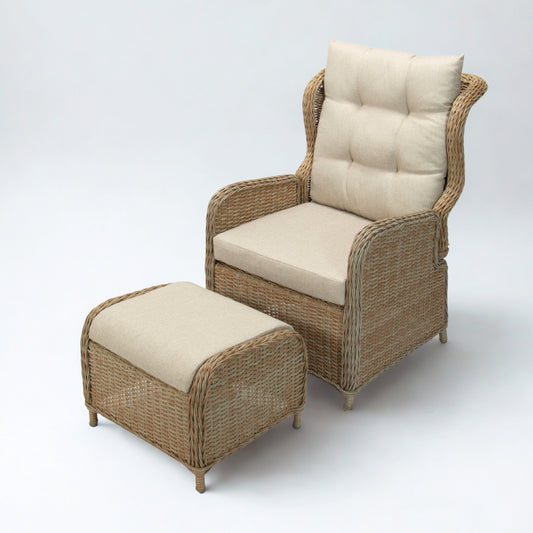 ROSA | Poly Rattan Wicker Outdoor Recliner Chair with Ottoman | Natural