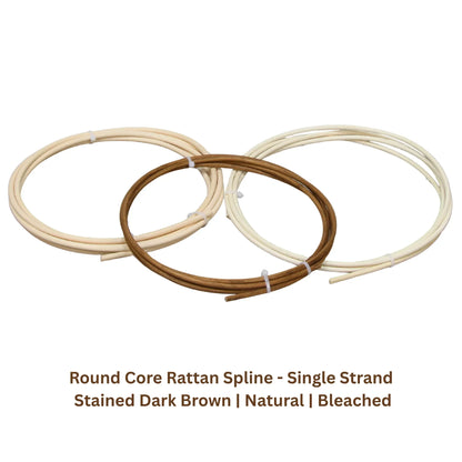 Three coils of round core rattan spline in natural, bleached, and stained dark brown colors.
